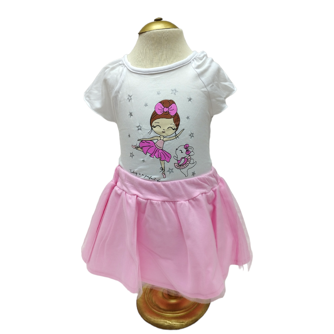 Conj. 2 piezas falda con resorte en cintura y Blusa estampada Bailarina, niñas 2 a 6 años
