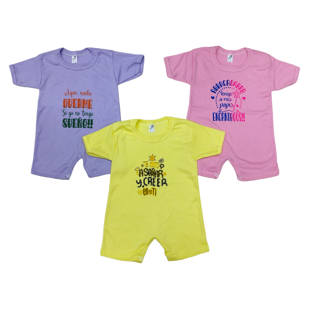 3 Pack Pañalero Tipo Short con Manga Corta y divertidas frases y estampados 2-4 Años