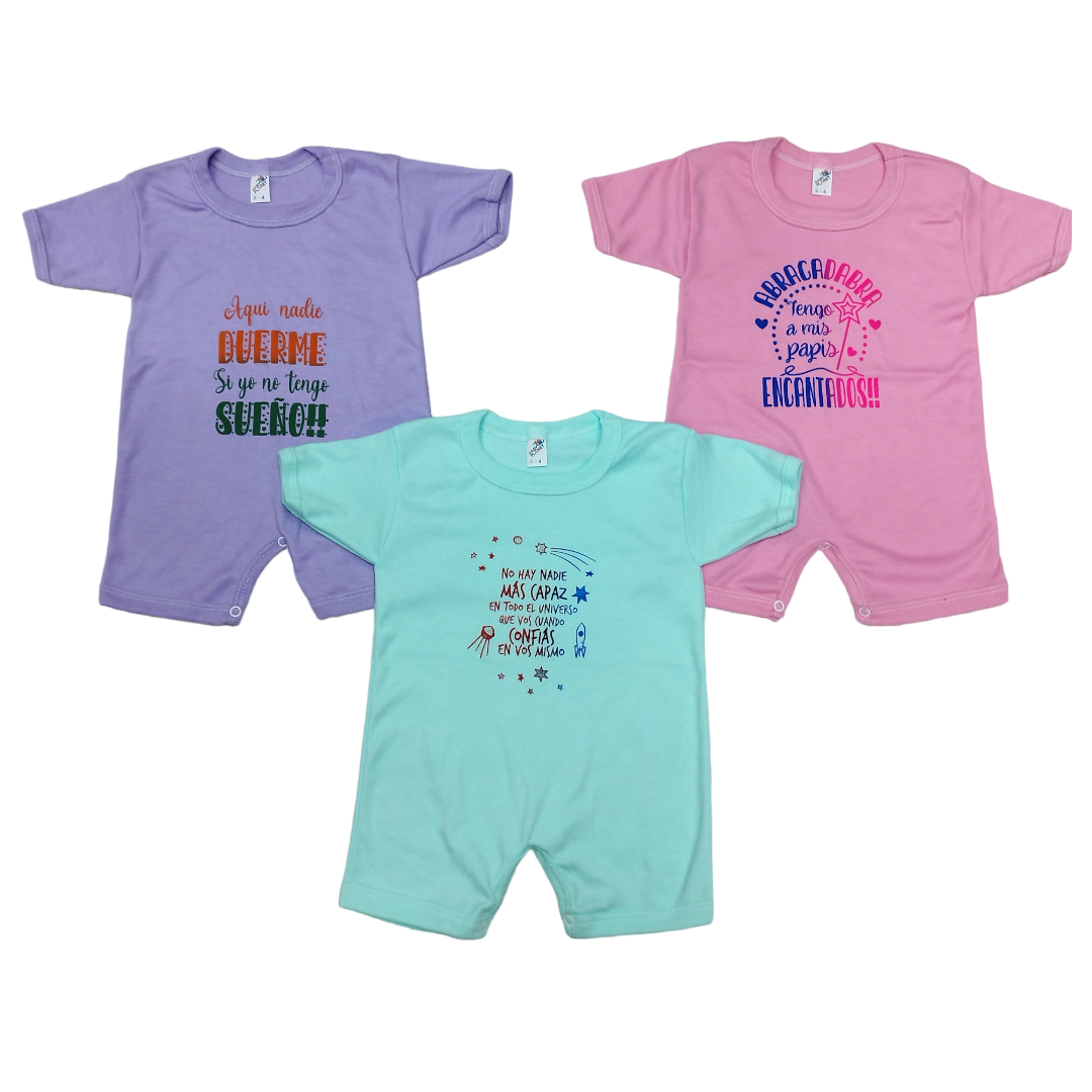3 Pack Pañalero Tipo Short con Manga Corta y divertidas frases y estampados 2-4 Años