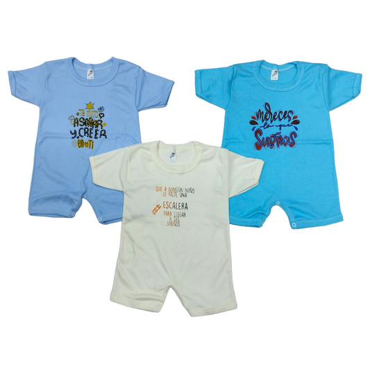 3 Pack Pañalero Tipo Short con Manga Corta y divertidas frases y estampados 2-4 Años