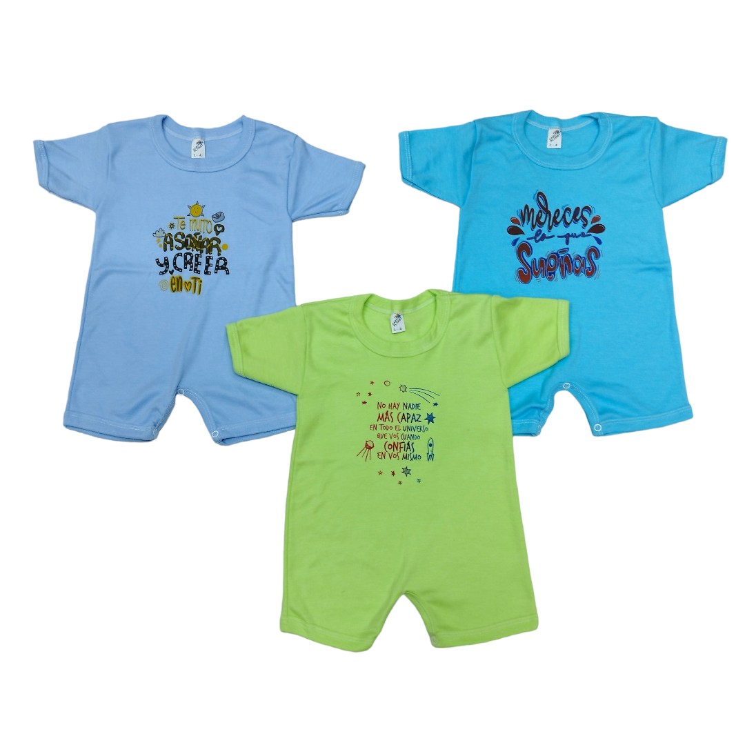 3 Pack Pañalero Tipo Short con Manga Corta y divertidas frases y estampados 2-4 Años