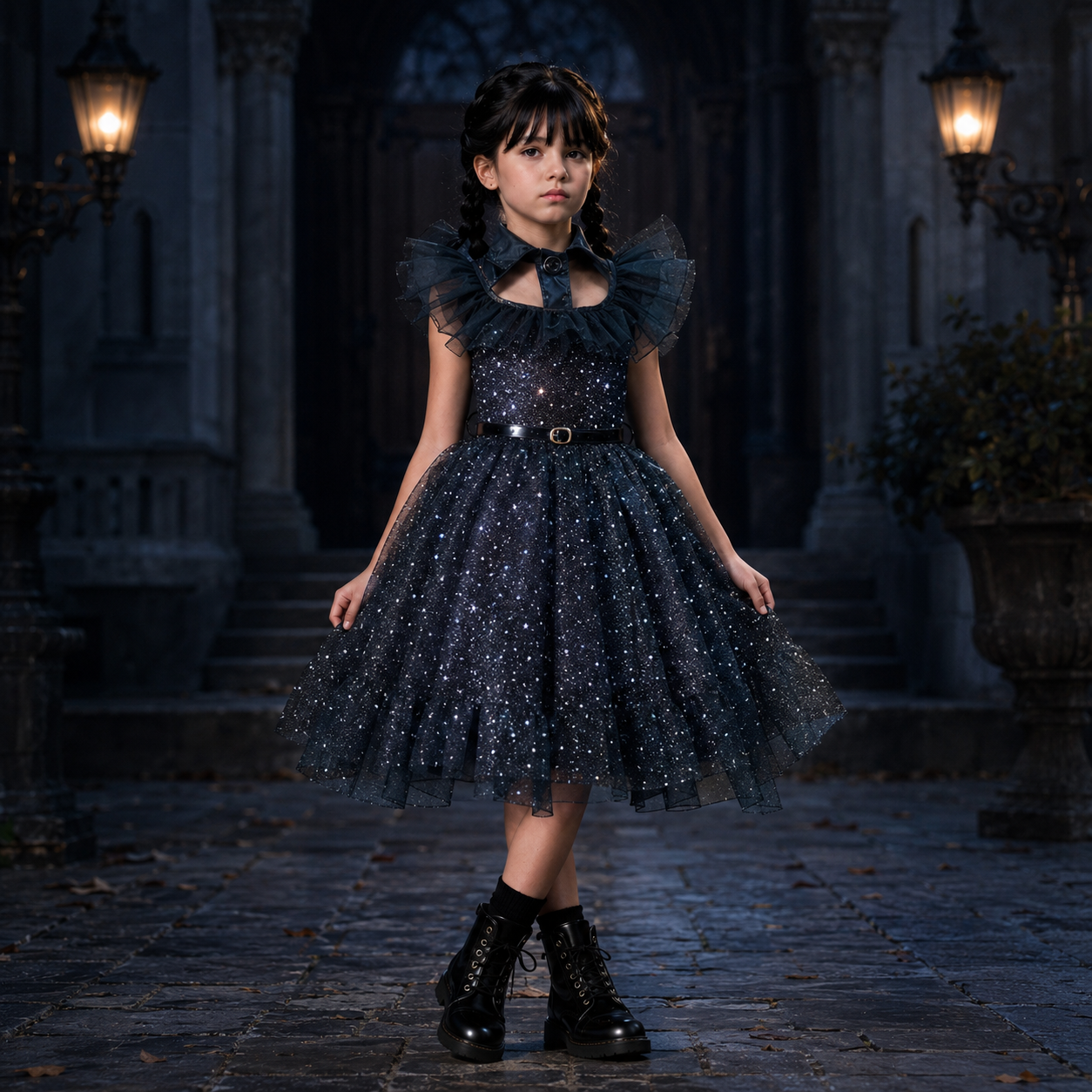 DISFRAZ HALLOWEEN O DÍA DE MUERTOS VESTIDO GALA BRILLOS MERLINA ADAMS SERIE WEDNESDAY NIÑAS 4 A 12 AÑOS