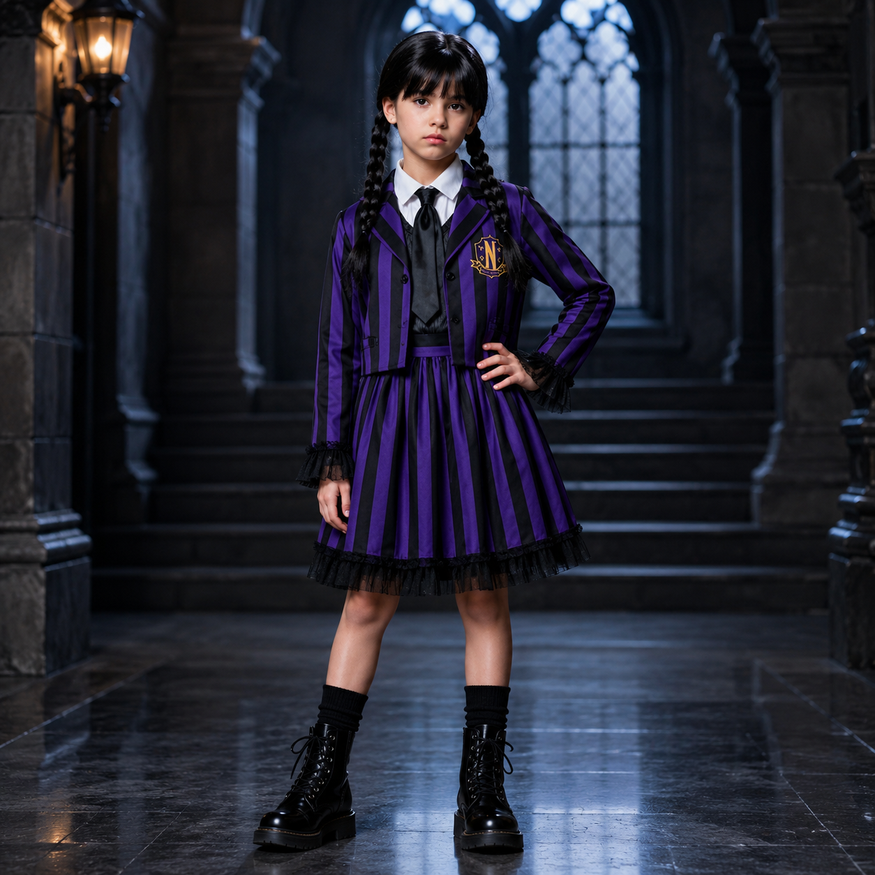 DISFRAZ HALLOWEEN O DÍA DE MUERTOS UNIFORME MORADO MERLINA ADAMS SERIE WEDNESDAY NIÑAS 4 A 12 AÑOS