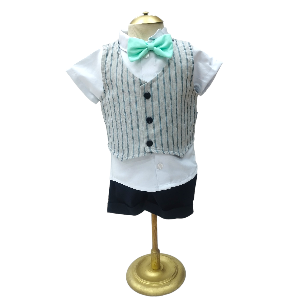 Set de 3 piezas short gabardina, camisa, chaleco rayado lino y moño para bebé niño