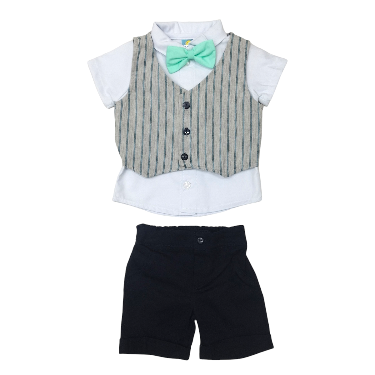 Set de 3 piezas short gabardina, camisa, chaleco rayado lino y moño para bebé niño