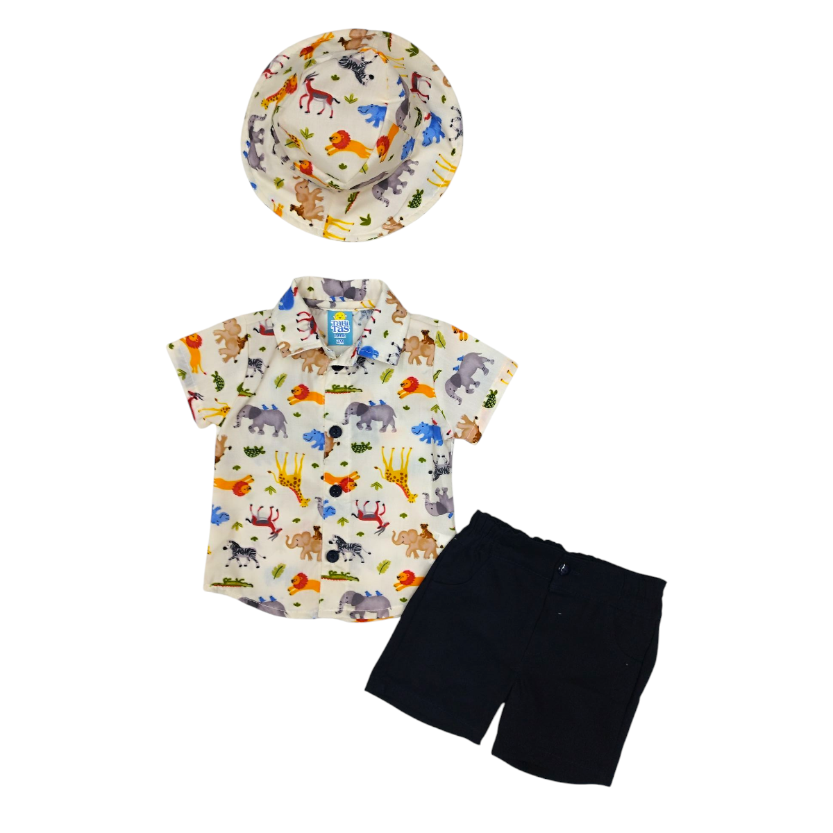 Conj. Bebé 3-18 M: Camisa SAFARI, Short gabardina, Gorro
