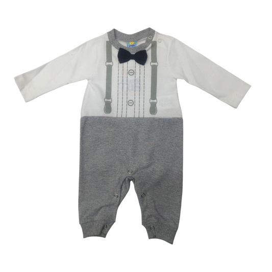 Mameluco Elegante para Niño Blanco con Gris y Moño Azul