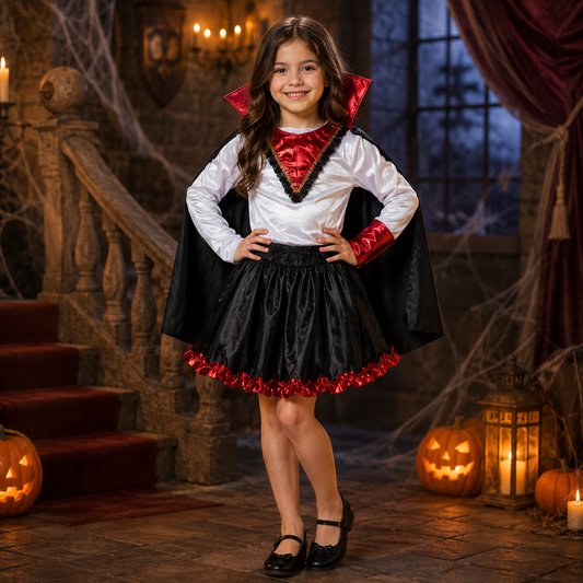 DISFRAZ HALLOWEEN O DÍA DE MUERTOS VAMPIRA O VAMPIRESA PARA NIÑAS 2 A 12 AÑOS