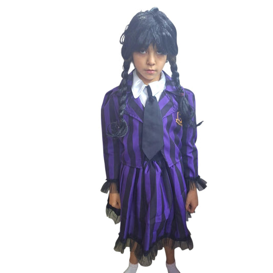 DISFRAZ HALLOWEEN O DÍA DE MUERTOS UNIFORME MORADO MERLINA ADAMS SERIE WEDNESDAY NIÑAS 4 A 12 AÑOS