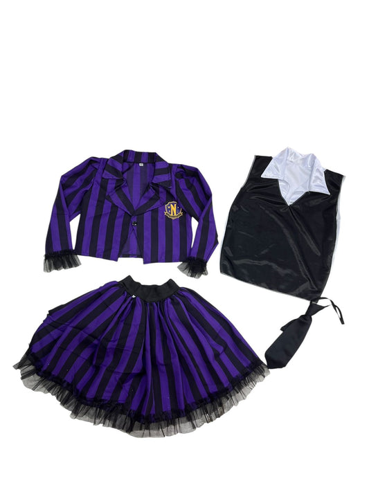 DISFRAZ HALLOWEEN O DÍA DE MUERTOS UNIFORME MORADO MERLINA ADAMS SERIE WEDNESDAY NIÑAS 4 A 12 AÑOS