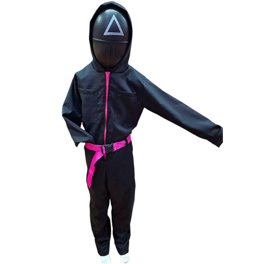 DISFRAZ HALLOWEEN O DIA DE MUERTOS JUEGO DEL CALAMAR NEGRO Y ROSA 4 A 12 AÑOS