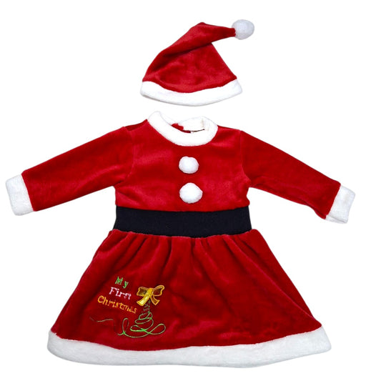 SET NAVIDEÑO SUAVECITO CON VESTIDO Y GORRO PARA BEBÉ NIÑA BORDADO SANTA CLAUS PARA BEBÉ 3 A 9 MESES
