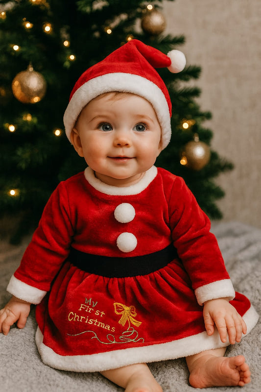 DISFRAZ VESTIDO NAVIDEÑO SUAVECITO PARA BEBÉ NIÑA BORDADO SANTA CLAUS PARA BEBÉ 3 A 9 MESES